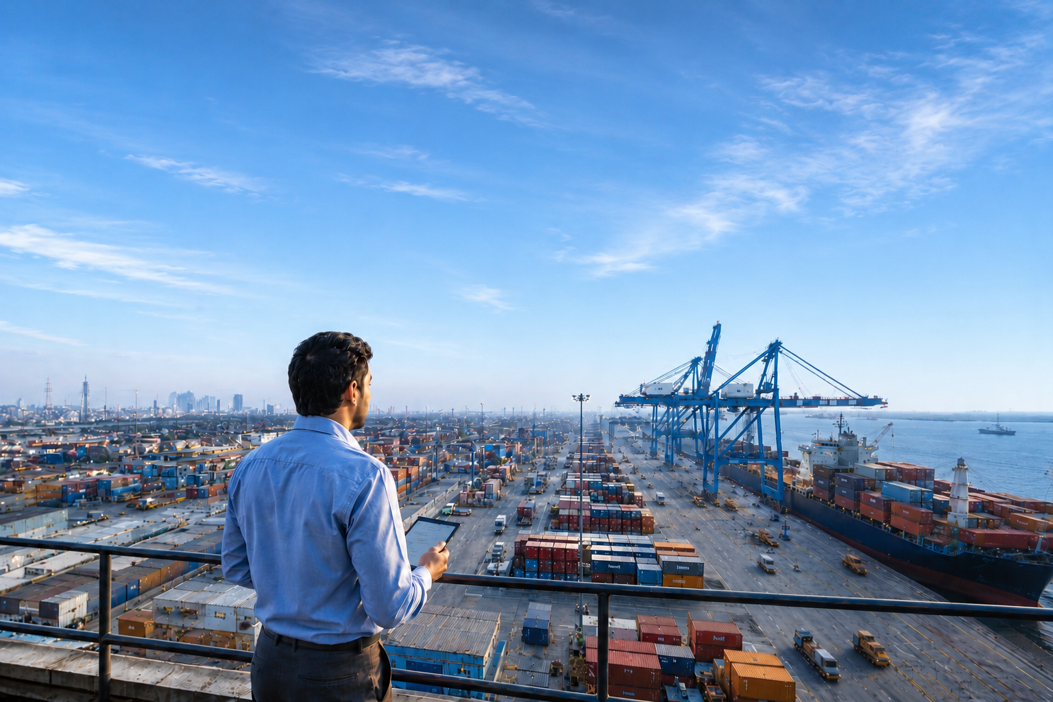 Freight forwarder overlooking container port