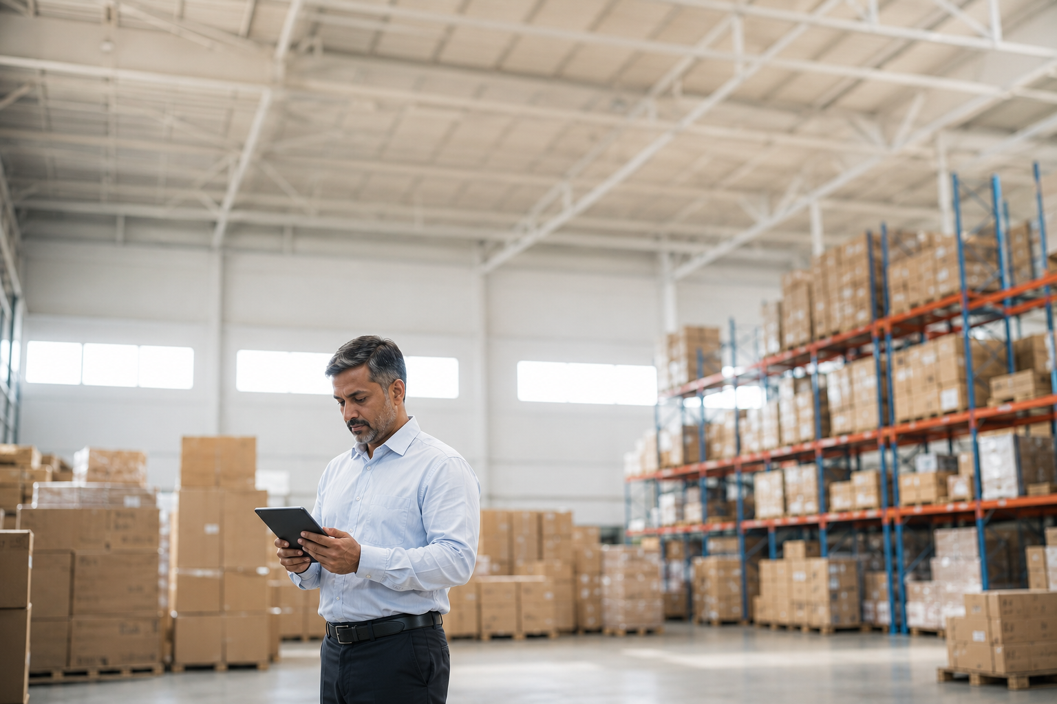 Importer reviewing shipments in warehouse